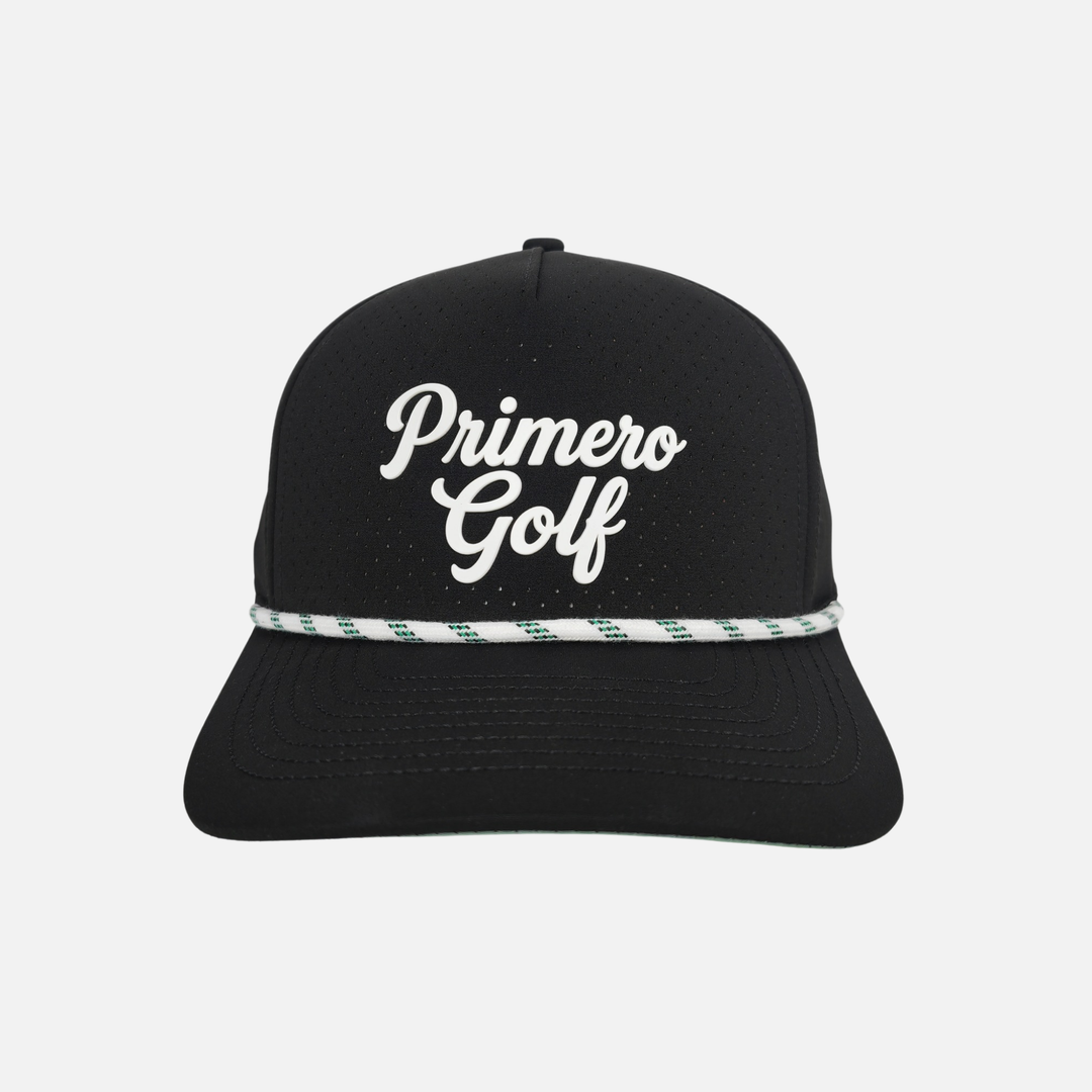 Black cap with 'Primero Golf' text on a white background
