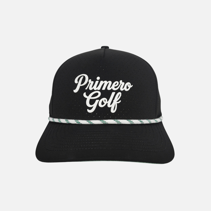 Black cap with 'Primero Golf' text on a white background