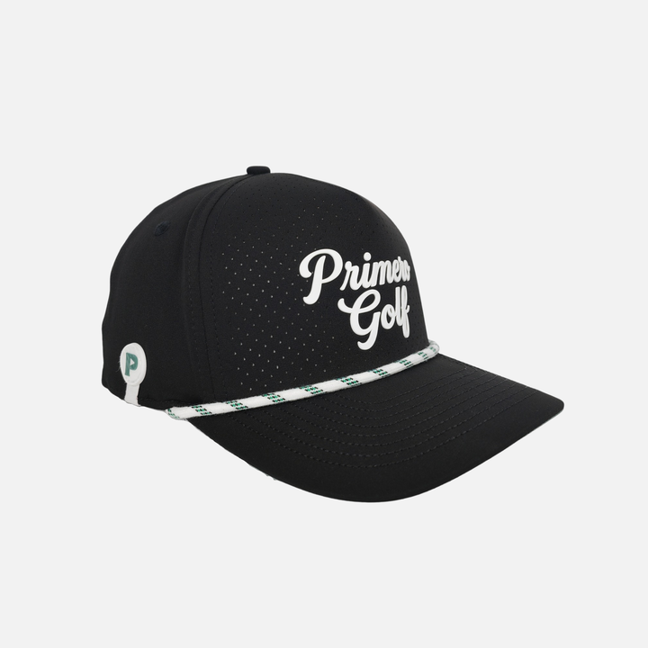 Black golf cap with 'Primero Golf' logo on a white background