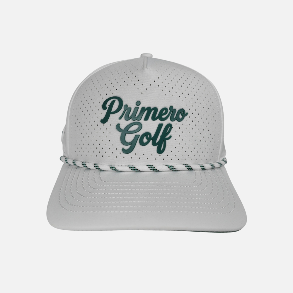 White golf cap with 'Primero Golf' text on a white background