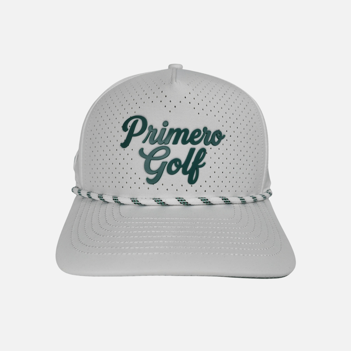 White golf cap with 'Primero Golf' text on a white background