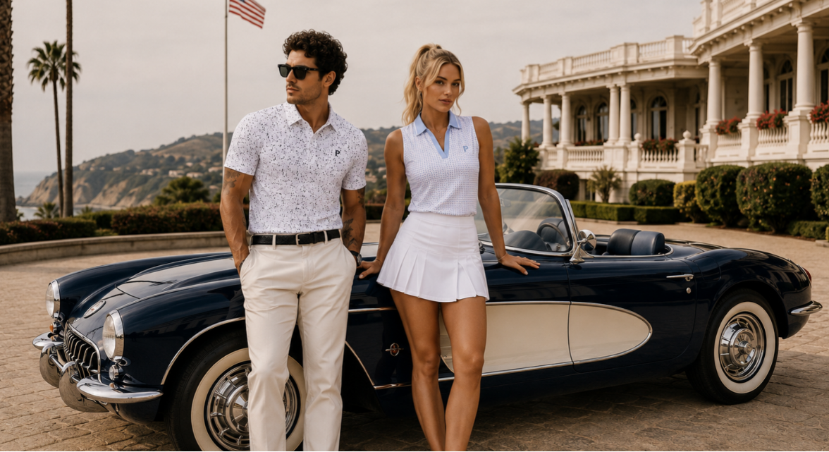 Promotional image for a 4th of July sale with a couple standing next to a classic car in front of a mansion.