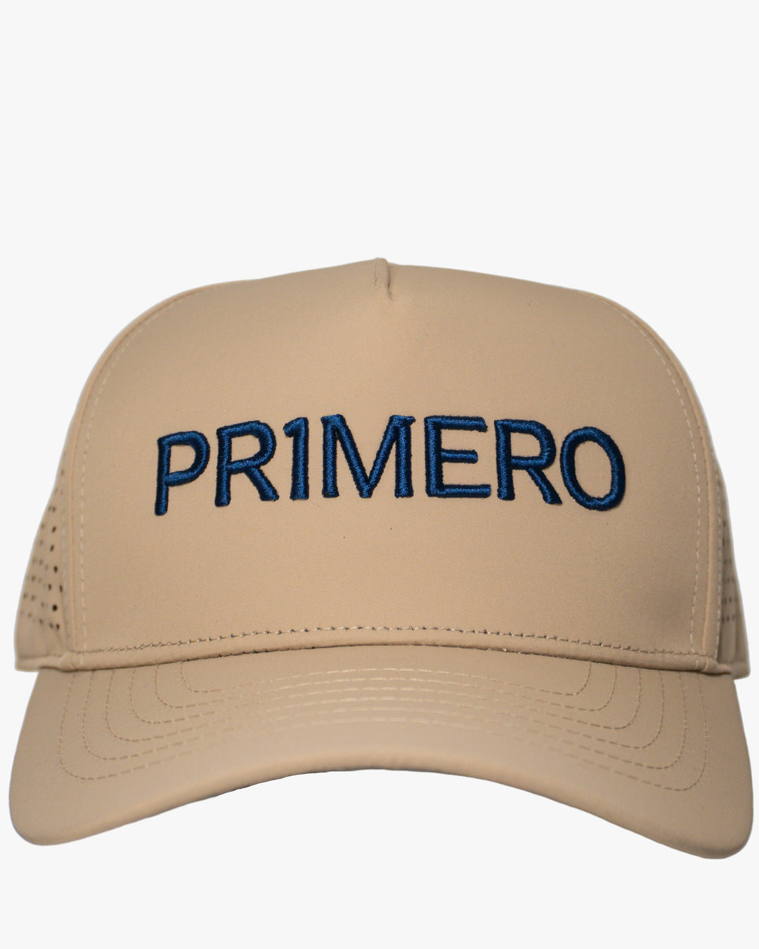 Khaki cap with 'PRIMERO' text on a white background.